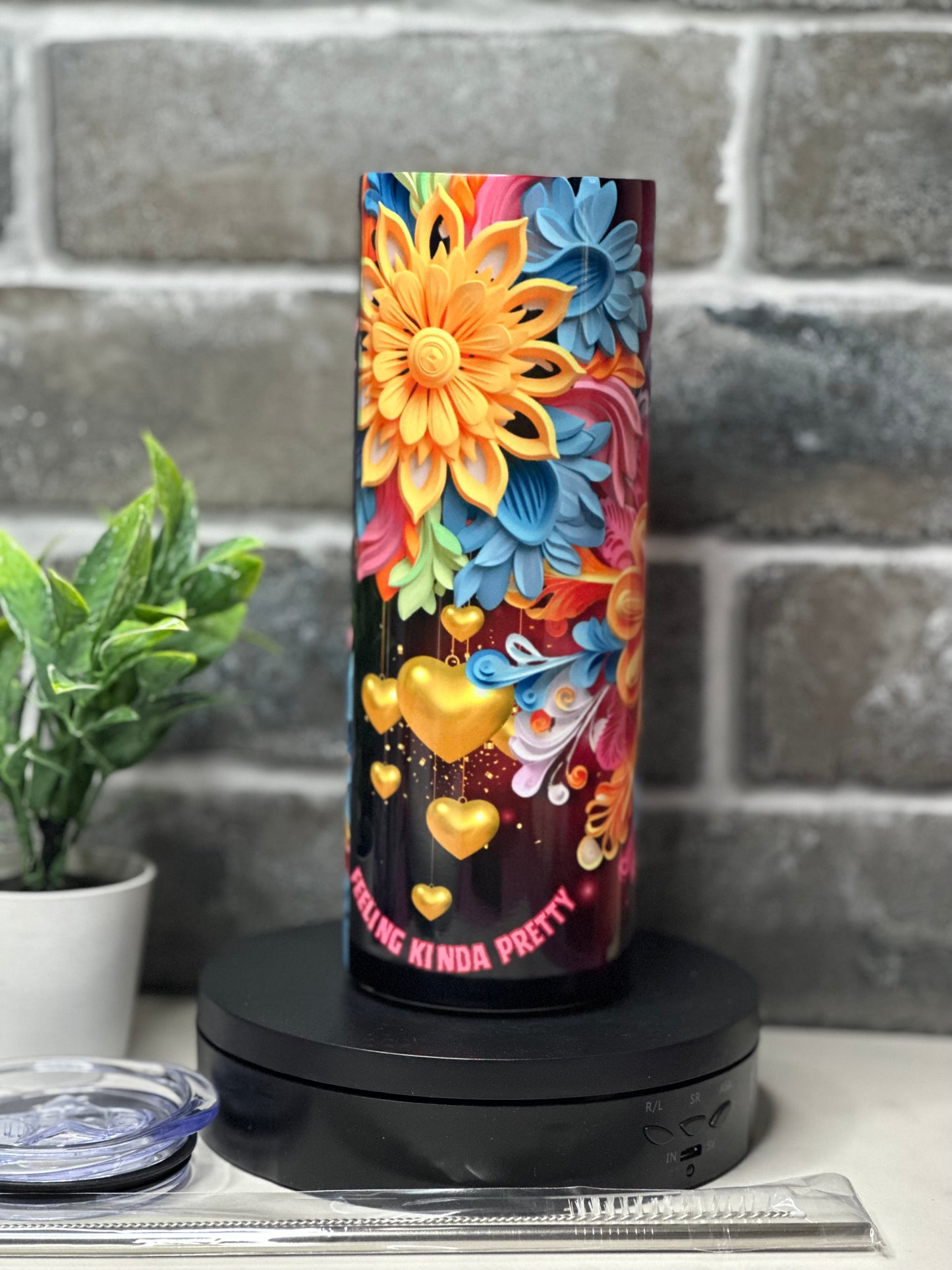 3D FLOWER TUMBLER (20oz Stainless Steel Tumbler) with metal straw