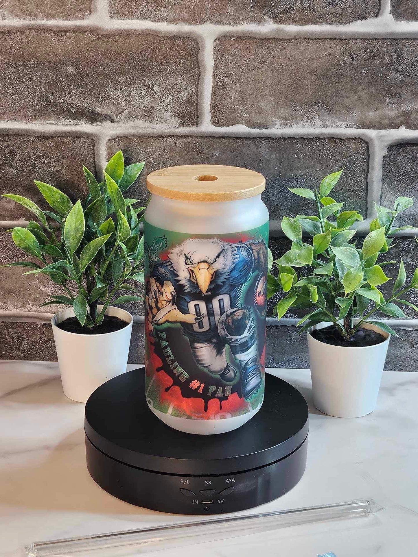 EAGLES GLASS TUMBLER (18oz) w/ Glass straw (Personalized)